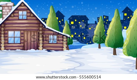 Wooden cabin in the snow field illustration