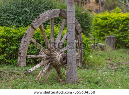 Old abandoned decaying cart wheel and green background.