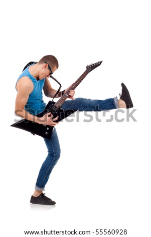 picture of a kicking guitarist playing over white background