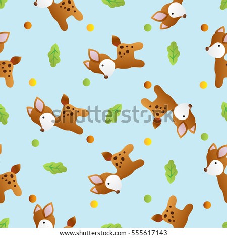 seamless pattern with toy baby deer and green leaves on a light blue background