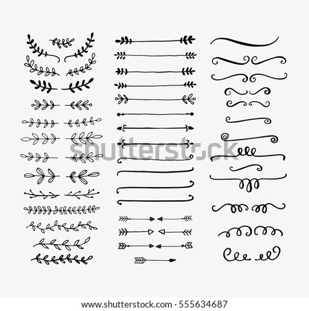Hand drawn vector dividers. Lines, borders and laurels set. Doodle design elements. Royalty-Free Stock Photo #555634687