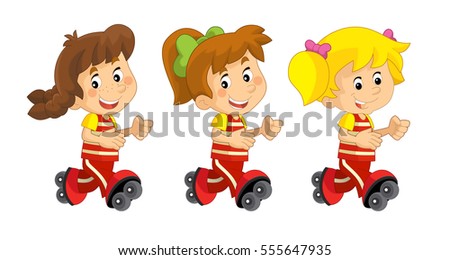 Cartoon set of young girls running - illustration for children