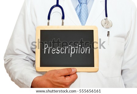 Doctor with Prescription chalkboard on white background