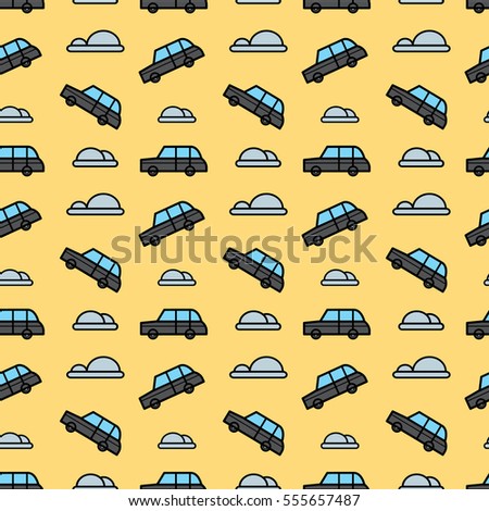 The funny pattern with toy car and clouds on yellow background for wallpaper print, craft paper or web