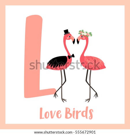 Cute children ABC alphabet L letter flashcard of Love Birds for kids learning English vocabulary in Valentines Day theme.