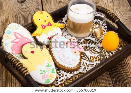 Easter gingerbread cookies with icing. Studio Photo