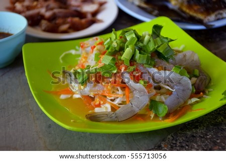 Shrimp in fish sauce with vegetable salad,Thai food, Thailand
