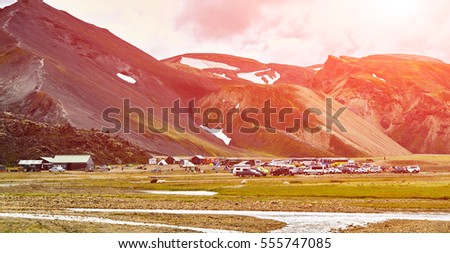 Camping in the Valley National Park Landmannalaugar. Magnificent Iceland in the August