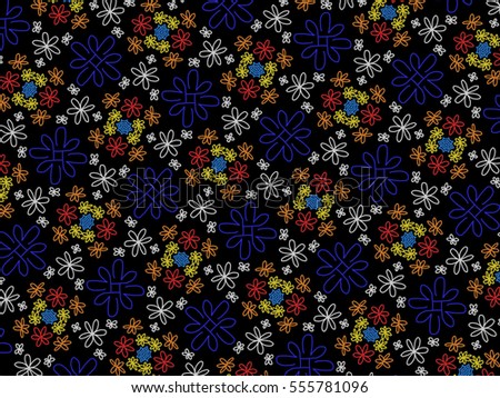 A hand drawing pattern made of blue, white, red,orange and yellow on a black background.