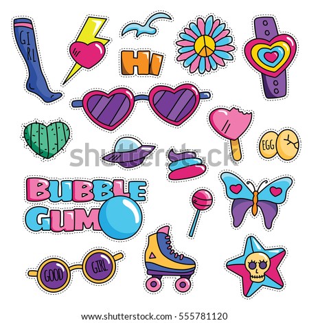 Modern Cute 80s-90s Retro Girl Power Isolated Fashion Cartoon Illustration Set Suitable for Badges, Pins, Sticker, Patches, Fabric, Denim, Embroidery and Other Girly Related Purpose
