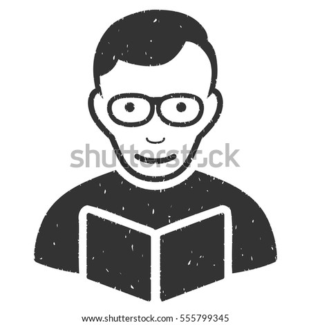 Reader grainy textured icon for overlay watermark stamps. Flat symbol with unclean texture. Dotted vector gray ink rubber seal stamp with grunge design on a white background.