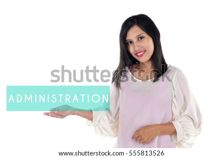 a young woman with her hand on white background with text ADMINISTRATION