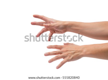 asian male hands reaching out on isolated white background Royalty-Free Stock Photo #555820840