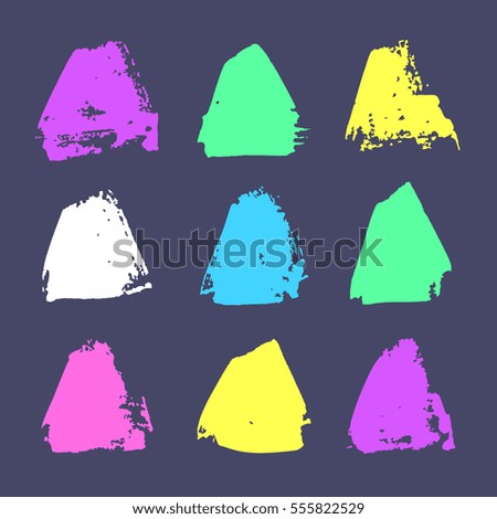 Set of hand drawn paint object for design use. Acid colors on blue background. Abstract brush drawing. Vector art illustration grunge triangle