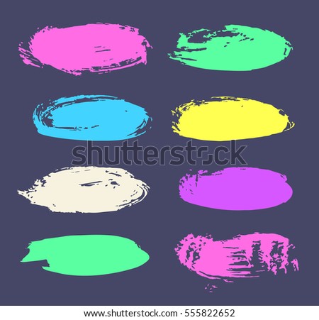 Set of hand drawn paint object for design use. Acid colors on blue background. Abstract brush drawing. Vector art illustration grunge oval banner