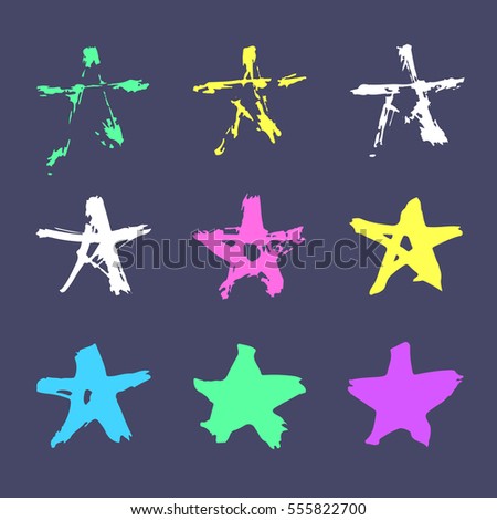 Set of hand drawn paint object for design use. Acid colors on blue background. Abstract brush drawing. Vector art illustration grunge stars