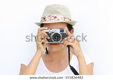 Close up asian women was being photographed on white background