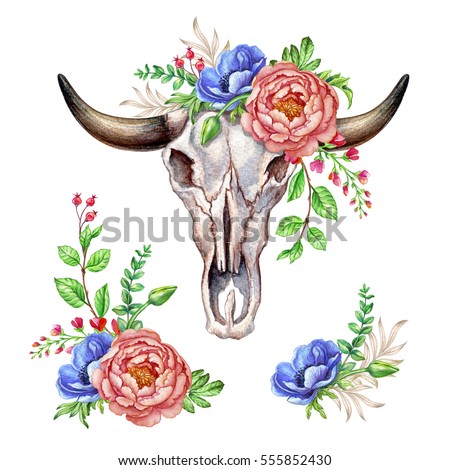 watercolor illustration, decorated cow skull, rustic flowers and feathers, floral clip art, boho bouquet, tribal design elements set, isolated on white background