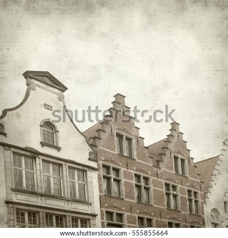 textured old paper background with Bruges buildings and tourist attractions