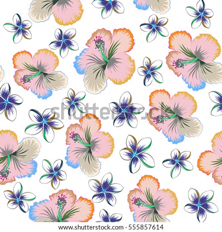 Hawaiian tropical natural floral seamless pattern in green and blue colors. Hibiscus flowers on a white background in a trendy vector style.