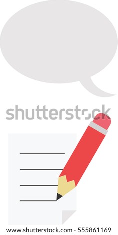 Vector red pencil drawing lines on paper with grey speech bubble.