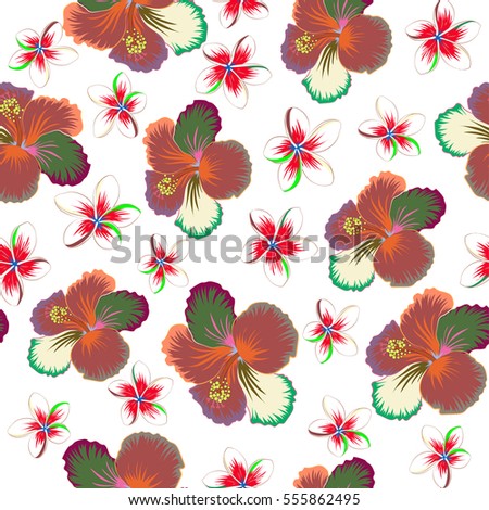 Vector illustration on a white background. Summer hawaiian seamless pattern with tropical plants and hibiscus flowers in green, red and orange colors.
