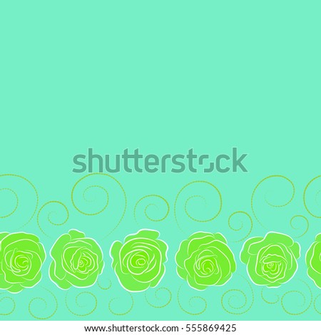 Seamless background pattern with copy space (place for your text). Horizontal roses in green and blue colors. Vector illustration. Hand drawn elements.