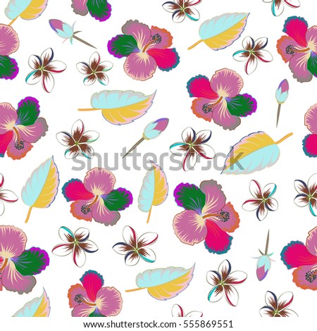 Floral illustration for t-shirt print, vector illustration on white background. Aloha typography with multicolored hibiscus pattern.