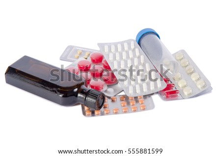 Medicine pills on a white background isolation of the electronic thermometer