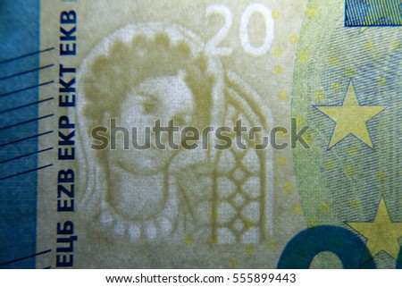 Detail of watermarks of twenty euro banknotes
