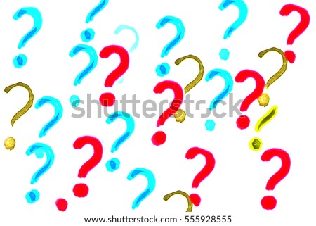 Question mark bokeh created from decoration lights and isolated on white background turquoise and red on white, white backdrops with many colored question marks, signs and symbols.