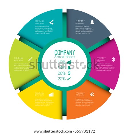 Colorful infographic circle with six different parts. Different symbols on diagram.