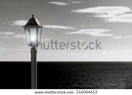 Nice picture of a light post for street lighting on sea and sky background / Black and white tone
