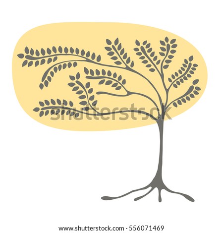Vector hand drawn illustration, yellow decorative ornamental stylized tree. graphic illustration isolated on the white background. Hand drawing silhouette. Decorative artistic abstract branch.