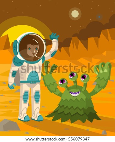 friendly first contact with alien lifeform martian with astronaut on mars