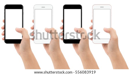 hand holding phone mobile isolated on white background clipping path inside, mock-up smartphone color set white screen easy adjust text
