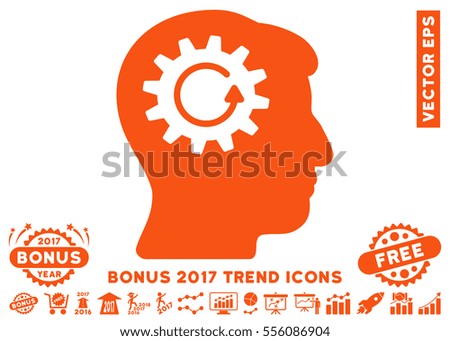 Orange Head Gear Rotation icon with bonus 2017 trend clip art. Vector illustration style is flat iconic symbols, white background.