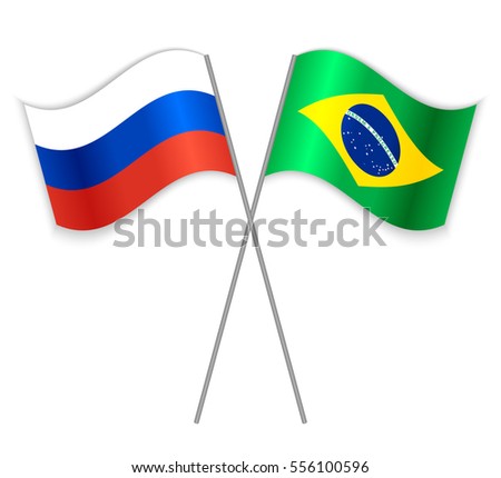 Russian and Brazilian crossed flags. Russia combined with Brazil isolated on white. Language learning, international business or travel concept.