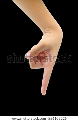 Hand of young girl with one finger isolated on black background
