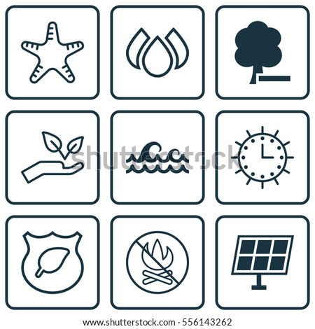 Set Of 9 Ecology Icons. Includes Sun Power, Save World, Aqua And Other Symbols. Beautiful Design Elements.