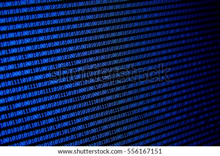 Picture of Monitor Software development. Computer science lesson. IT specialist workplace. Developer working on website code. Binary digits code editing. Abstract screen of software. Computer script. 