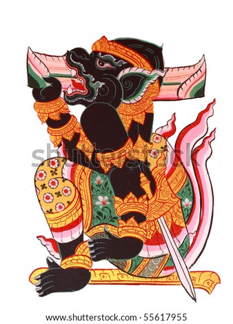 traditional Thai colorful style art in isolate version. This picture located on the wall of thai temple.