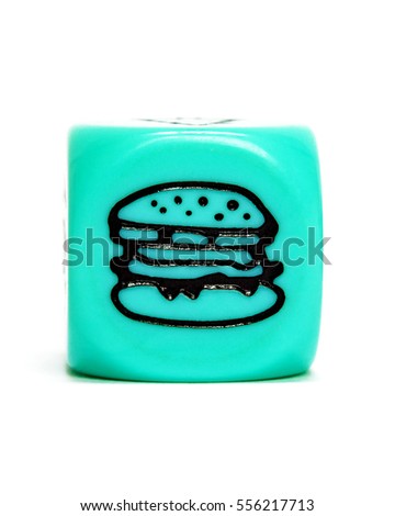 Turquoise dice depicting hamburger