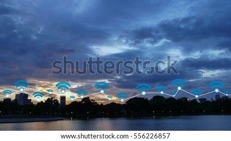 modern cityscape and wireless sensor network, sensor node and connecting line, ICT (information communication technology), internet of things, abstract image visual, white space empty. Royalty-Free Stock Photo #556226857