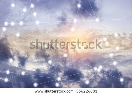 modern cityscape and wireless sensor network, sensor node and connecting line, ICT (information communication technology), internet of things, abstract image visual, white space empty. Royalty-Free Stock Photo #556226881