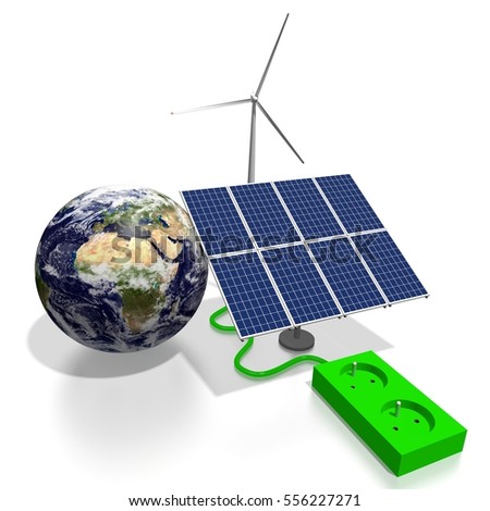 3D illustration/ 3D rendering - renewable energy concept - solar panels, electricity socket, wind turbine, Earth. Elements of this image furnished by NASA.