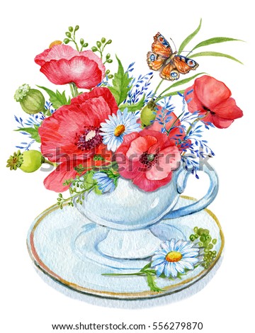 Cup with a bouquet of flowers.illustration of watercolor .red poppies and wildflowers daisies and butterfly