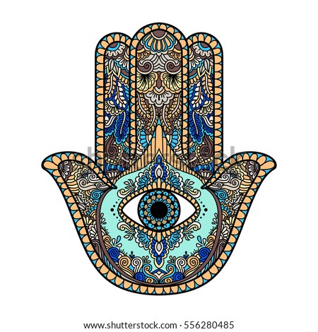 multicolored illustration of a hamsa hand symbol. Hand of Fatima religious sign with all seeing eye. Vintage bohemian style. Vector illustration in doodle zentangle style. Royalty-Free Stock Photo #556280485