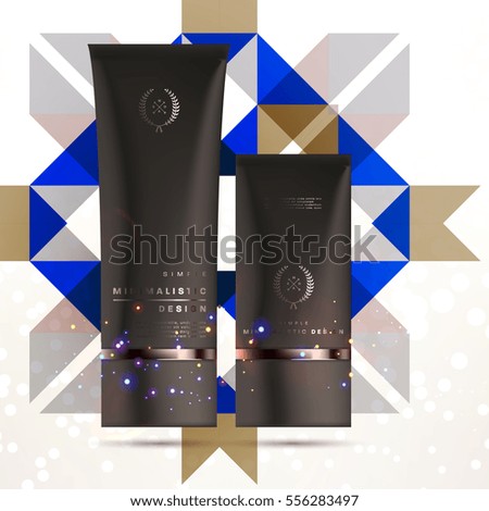 Cosmetic ads with hydrating facial cream mask bottle isolated on glitter particles background with geometric modern elements
