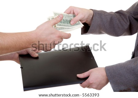 Man's hand with dollars and folder isolated at the white background